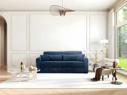 Express-Vierzitsslaapbank Van Blauw Ribfluweel - Bed 160 Cm - Matras 18 Cm - Mondovi-Vente-unique Best