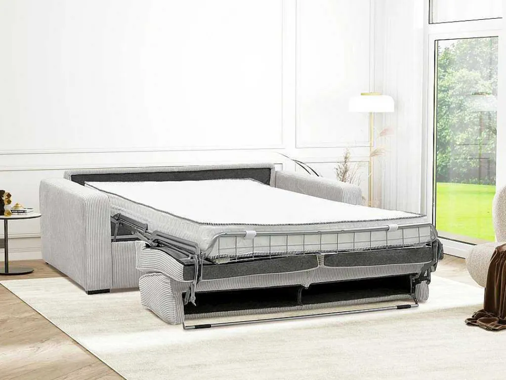 Express-Vierzitsslaapbank Van Beige Ribfluweel - Bed Met Brede Latten 160 Cm - Matras 18 Cm - Mondovi-Vente-unique Clearance