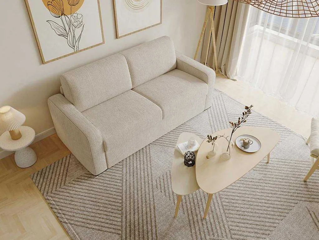 Express-Vierzitsslaapbank Van Beige Ribfluweel - Bed Met Brede Latten 160 Cm - Matras 18 Cm - Bevis-Vente-unique Outlet