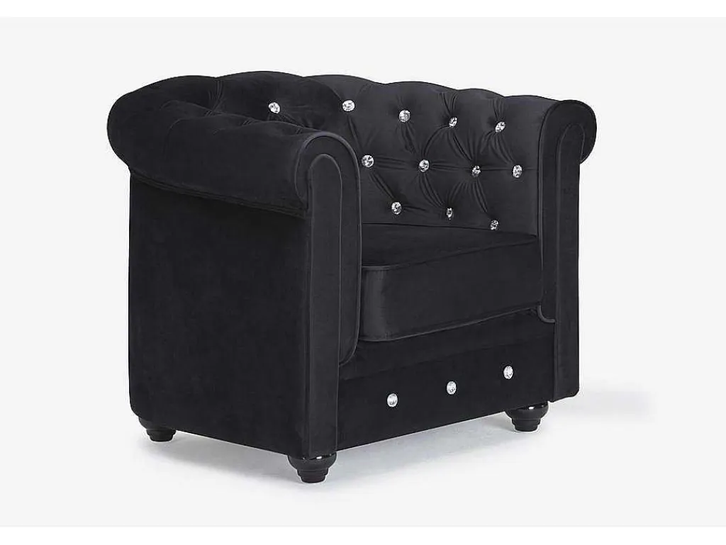 Fauteuil Chesterfield - Fluweel - Zwart Met Kristallen Knopen-Vente-unique New