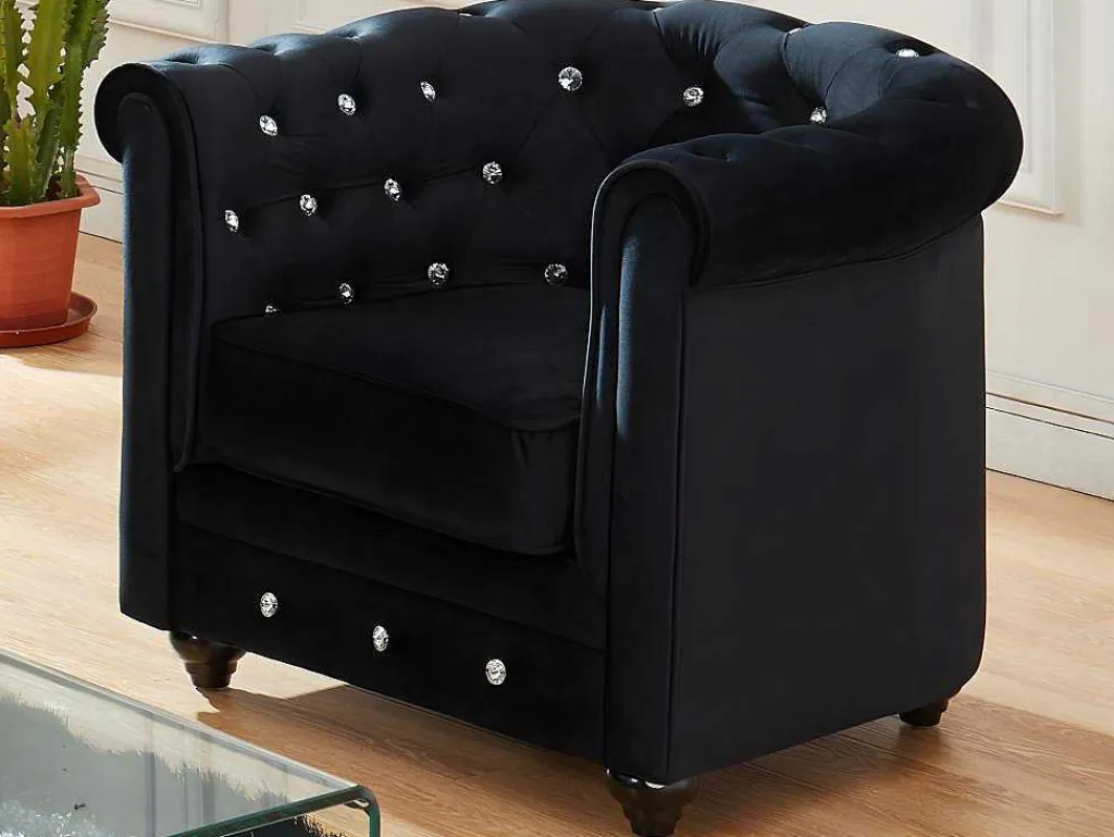 Fauteuil Chesterfield - Fluweel - Zwart Met Kristallen Knopen-Vente-unique New