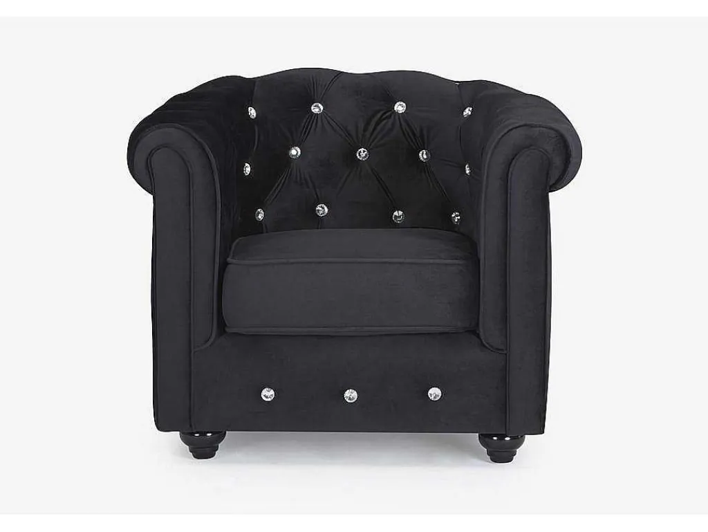 Fauteuil Chesterfield - Fluweel - Zwart Met Kristallen Knopen-Vente-unique New