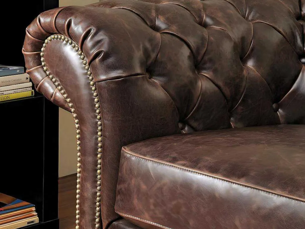 Fauteuil Chesterfield Clotaire Van 100% Leer Met Lived-In Aspect-Vente-unique Discount