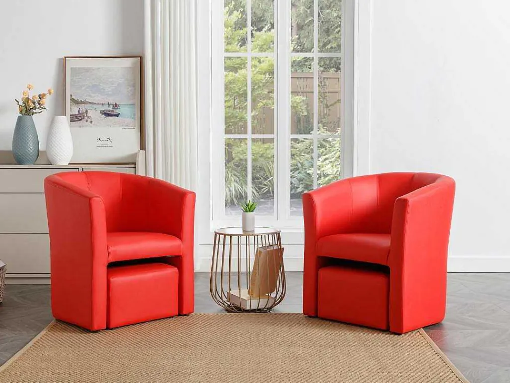 Fauteuil Met Holle Rugleuning En Poef In Rood Kunstleer Jovana-Vente-unique