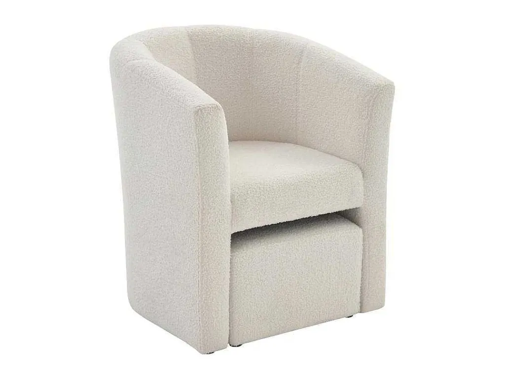 Fauteuil Met Holle Rugleuning En Poef In Witte Bouclestof Jovana-Vente-unique Hot
