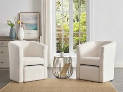 Fauteuil Met Holle Rugleuning En Poef In Witte Bouclestof Jovana-Vente-unique Hot