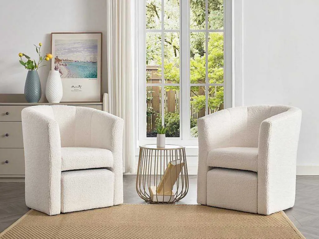 Fauteuil Met Holle Rugleuning En Poef In Witte Bouclestof Jovana-Vente-unique Hot