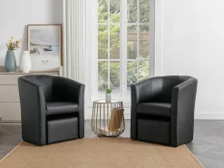 Fauteuil Met Holle Rugleuning En Poef In Zwart Kunstleer Jovana-Vente-unique Online
