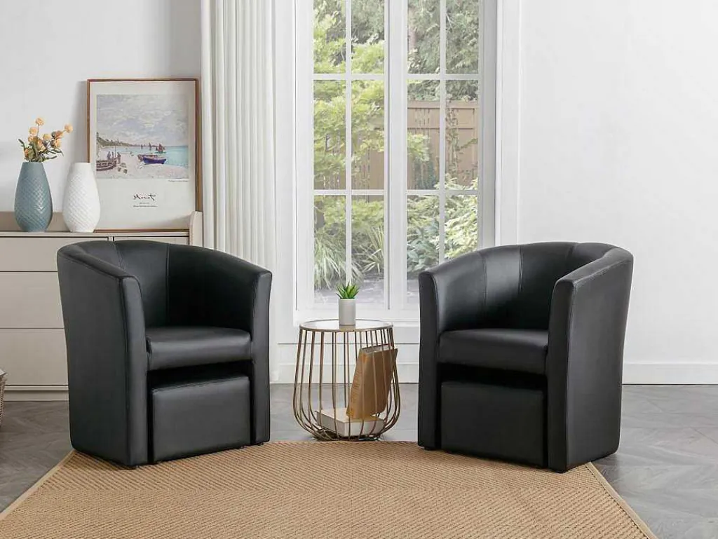 Fauteuil Met Holle Rugleuning En Poef In Zwart Kunstleer Jovana-Vente-unique Online