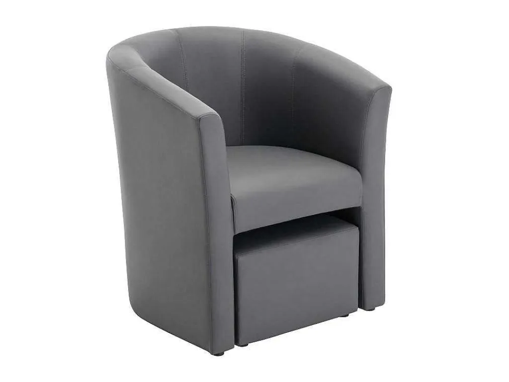 Fauteuil Met Holle Rugleuning En Poef In Grijs Kunstleer Jovana-Vente-unique Clearance