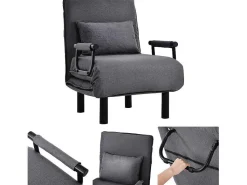 Fauteuil Met Kussen En Verstelbare Rugleuning - Om Te Bouwen Tot Fauteuil - Linnen Stof - Grijs-ModernLuxe Sale