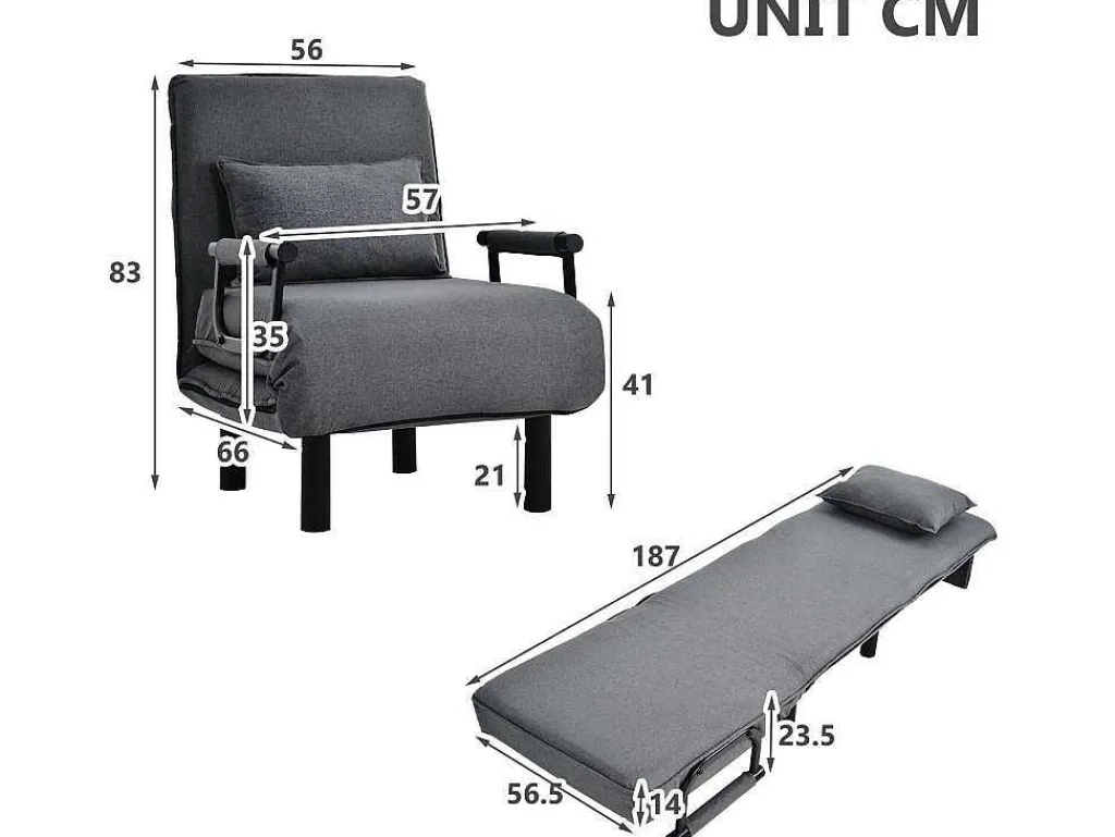 Fauteuil Met Kussen En Verstelbare Rugleuning - Om Te Bouwen Tot Fauteuil - Linnen Stof - Grijs-ModernLuxe Sale
