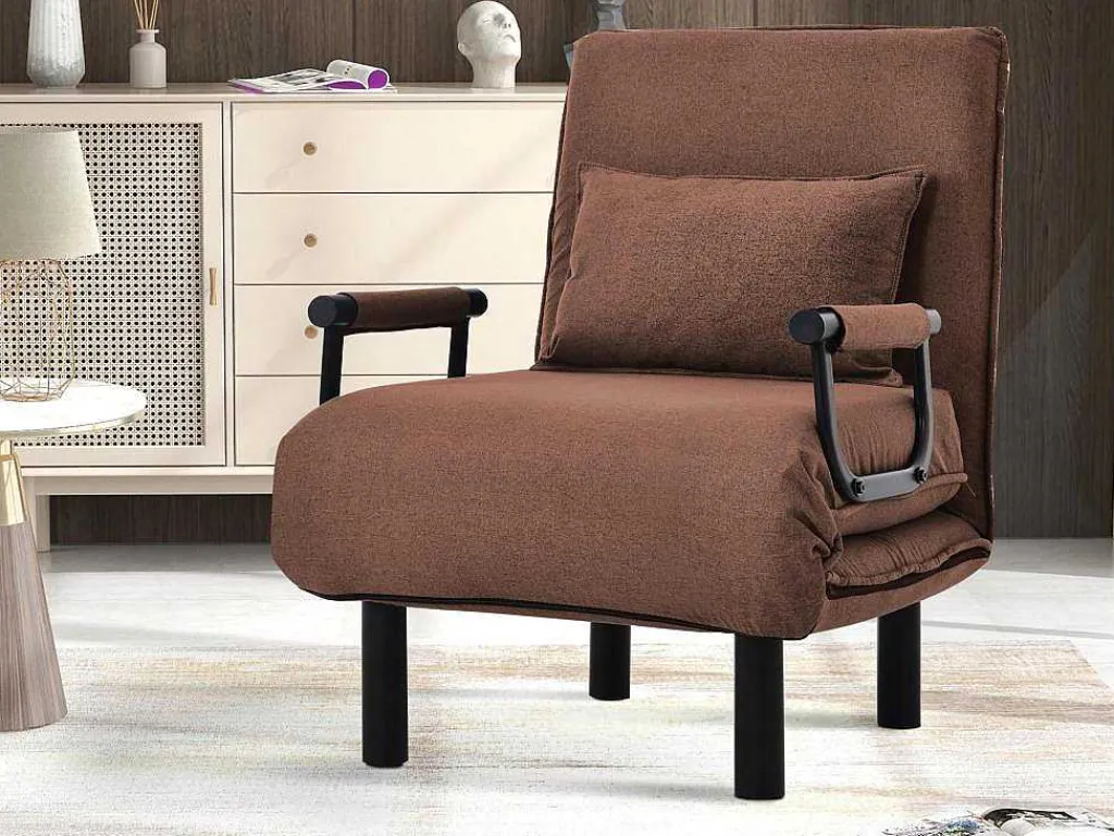 Fauteuil Met Kussen En Verstelbare Rugleuning - Om Te Bouwen Tot Fauteuil - Linnen Stof - Bruin-ModernLuxe New