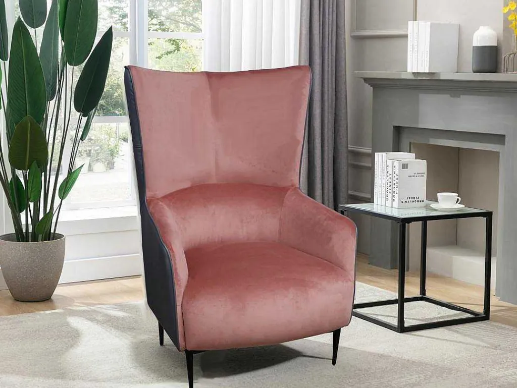 Fauteuil Van Roze Fluweel En Antraciet Structuur Mendocino-Vente-unique Outlet
