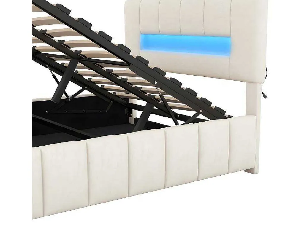 Fluwelen Opbergbed Met Led En Lattenbodem - 140X200Cm - Beige-ModernLuxe Online