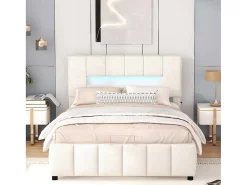 Fluwelen Opbergbed Met Led En Lattenbodem - 140X200Cm - Beige-ModernLuxe Online