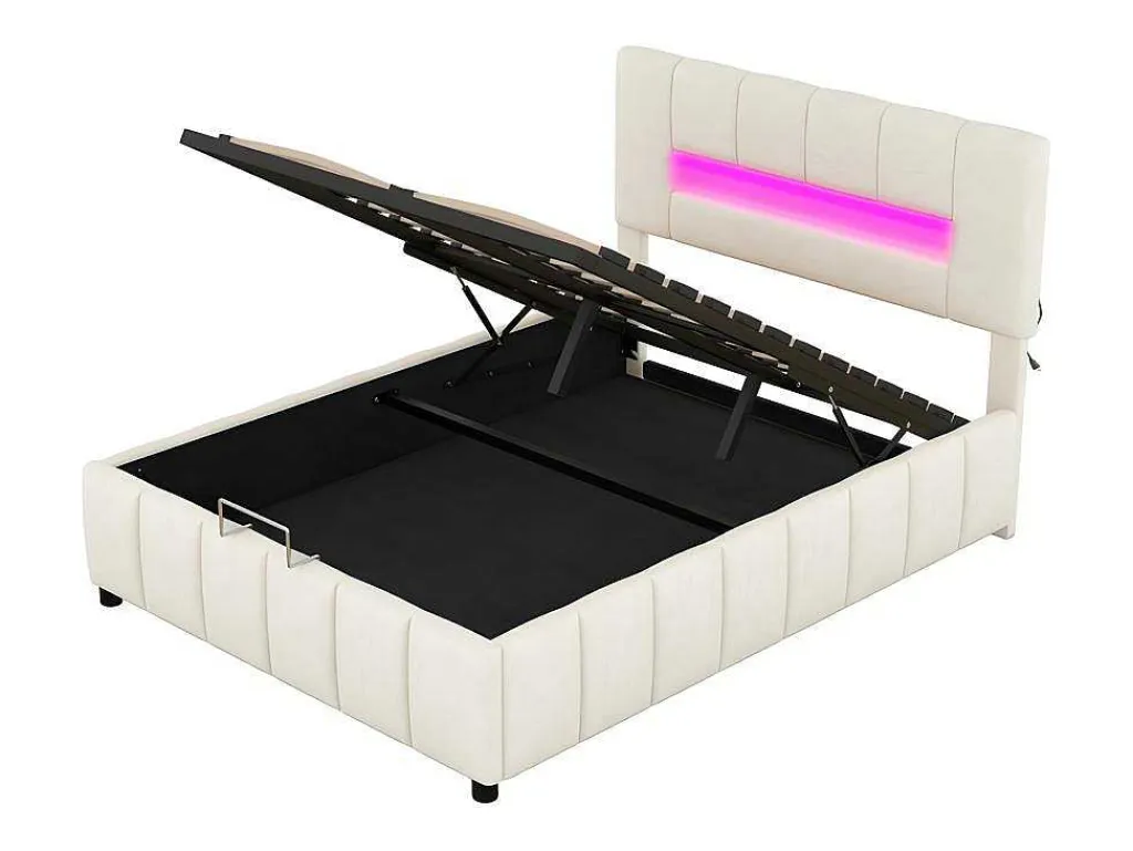 Fluwelen Opbergbed Met Led En Lattenbodem - 140X200Cm - Beige-ModernLuxe Online