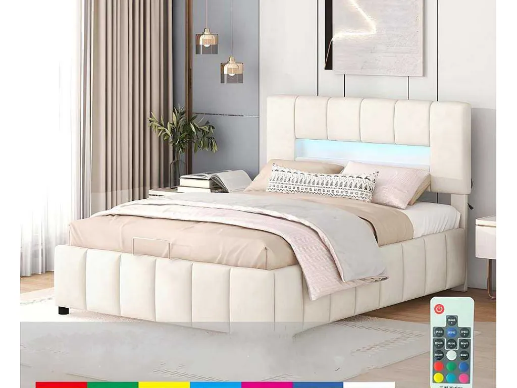Fluwelen Opbergbed Met Led En Lattenbodem - 140X200Cm - Beige-ModernLuxe Online