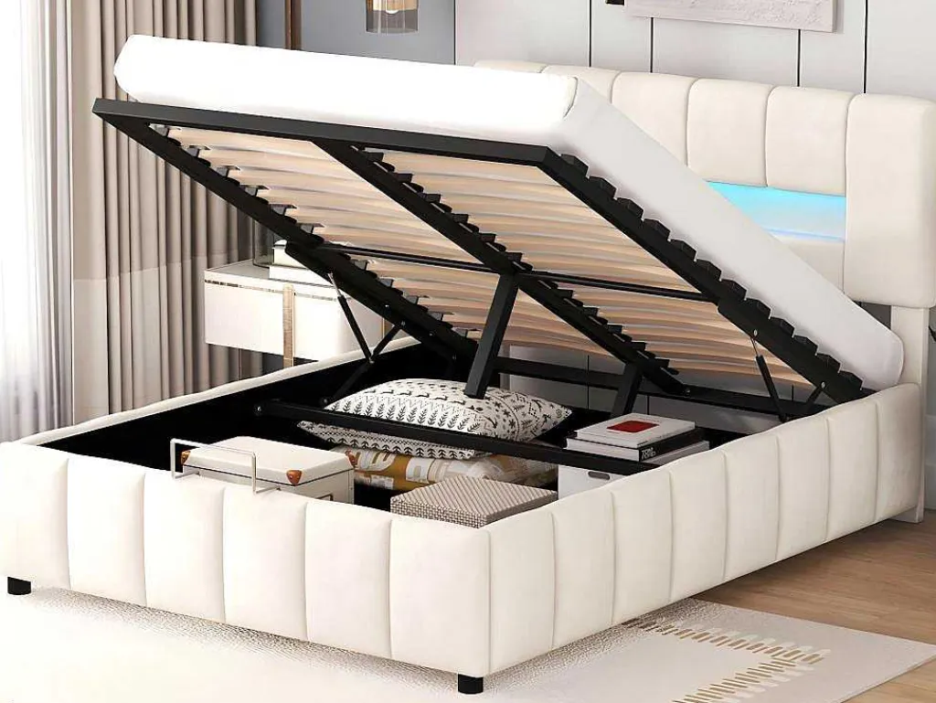 Fluwelen Opbergbed Met Led En Lattenbodem - 140X200Cm - Beige-ModernLuxe Online