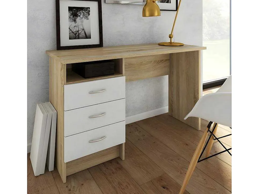 Fula Bureau 3 Lades Eiken Structuur Decor En Wit.-Vente-unique Best