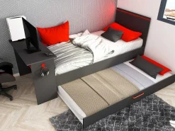 Gamer Bed 2 X 90 X 200 - Met Bureau - Led'S - Antraciet En Rood + Bedbodem - Vouani-Vente-unique Sale