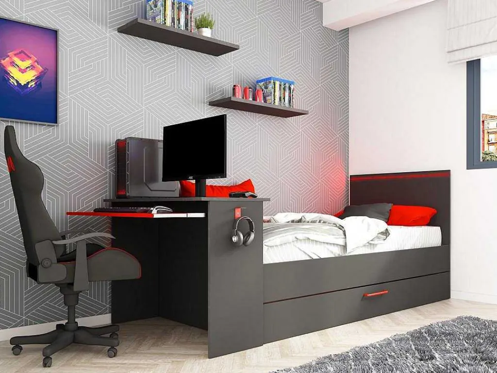 Gamer Bed 2 X 90 X 200 - Met Bureau - Led'S - Antraciet En Rood + Bedbodem - Vouani-Vente-unique Sale