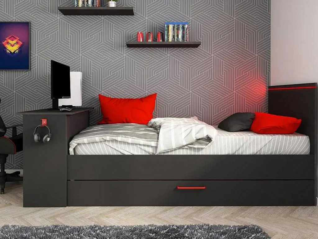 Gamer Bed 2 X 90 X 200 - Met Bureau - Led'S - Antraciet En Rood + Bedbodem - Vouani-Vente-unique Sale