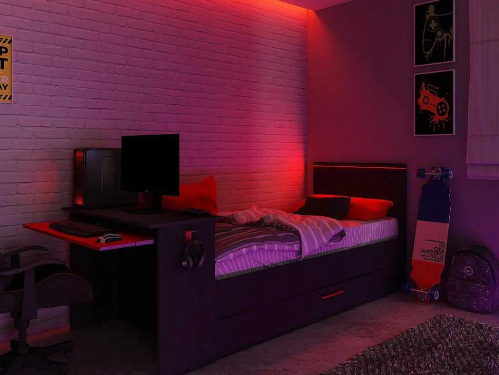 Gamer Bed 2 X 90 X 200 - Met Bureau - Led'S - Antraciet En Rood + Bedbodem - Vouani-Vente-unique Sale