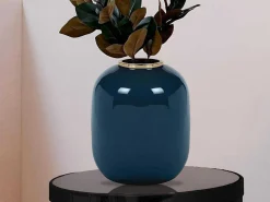 Geemailleerde Metalen Vaas - D. 29 X H. 36 Cm - Messing Afwerking - Groenblauw - Klaudia-OZAIA Outlet