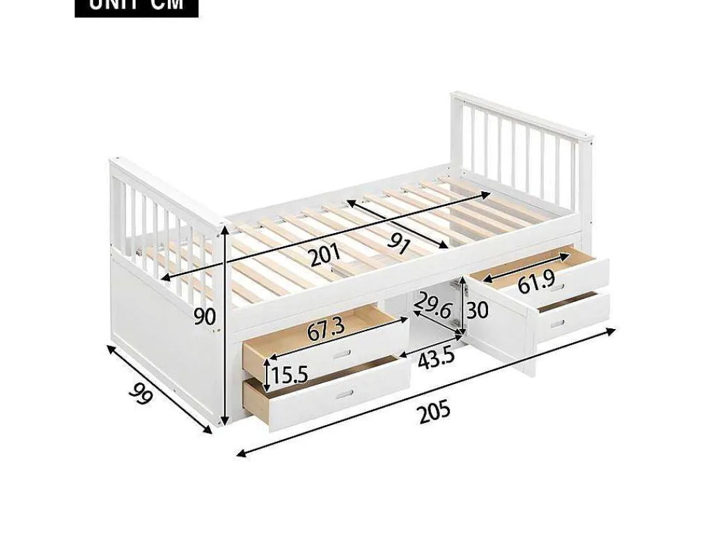Gesloten Eenpersoonsbed 90X200Cm Met 4 Lades En Een Deur - Wit-ModernLuxe Discount