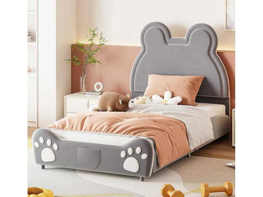 Gestoffeerd Bed Met Hoofdeinde 90 X 200 Cm - Beervorm - Fluweel - Grijs-Vente-unique
