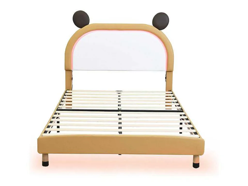 Gestoffeerd Bed Met Verstelbaar Hoofdbord 140 X 200 Cm - Led'S - Pu Leer - Geel + Bruin-Vente-unique Sale