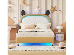 Gestoffeerd Bed Met Verstelbaar Hoofdbord 140 X 200 Cm - Led'S - Pu Leer - Geel + Bruin-Vente-unique Sale