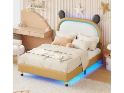 Gestoffeerd Bed Met Verstelbaar Hoofdbord 140 X 200 Cm - Led'S - Pu Leer - Geel + Bruin-Vente-unique Sale