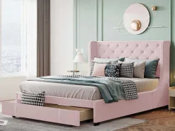 Gestoffeerd Bed 140X200Cm - Linnen Stof - Met Een Lade - Roze-ModernLuxe