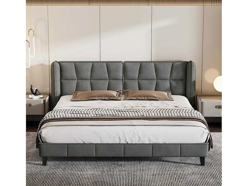 Gestoffeerd Bed 160X200Cm In Fluweel Met Lattenbodem - Grijs-ModernLuxe Hot