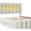Gestoffeerd Bed 140X200Cm Met 4 Lades - Met Led + Usb Oplaadpoort + Lezer - Beige-ModernLuxe Outlet