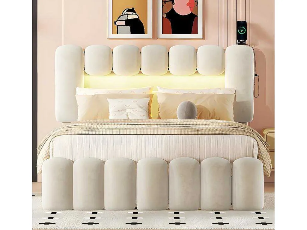 Gestoffeerd Bed 140X200Cm Met 4 Lades - Met Led + Usb Oplaadpoort + Lezer - Beige-ModernLuxe Outlet