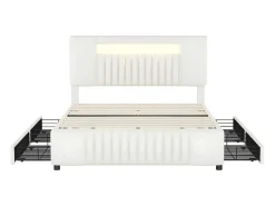Gestoffeerd Bed 140X200Cm Met 4 Lades - Met Led + Usb Oplaadpoort + Lezer - Beige-ModernLuxe Outlet
