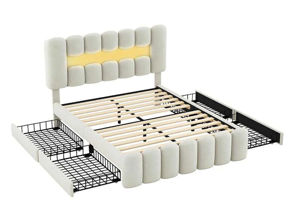 Gestoffeerd Bed 140X200Cm Met 4 Lades - Met Led + Usb Oplaadpoort + Lezer - Beige-ModernLuxe Outlet