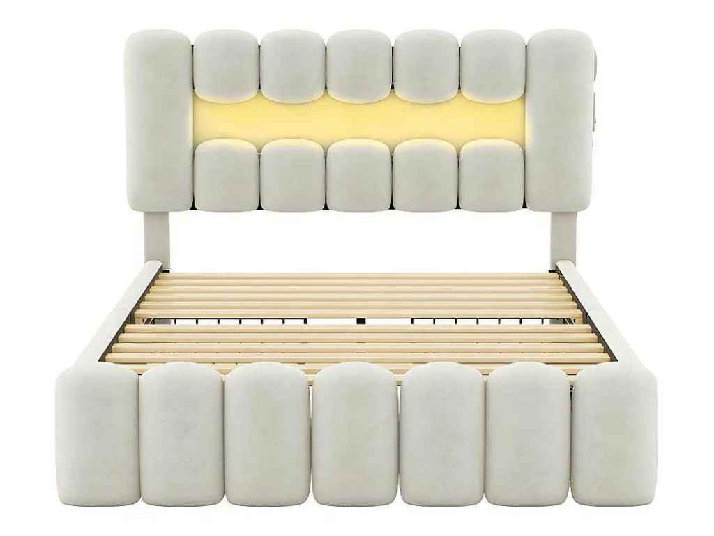 Gestoffeerd Bed 140X200Cm Met 4 Lades - Met Led + Usb Oplaadpoort + Lezer - Beige-ModernLuxe Outlet