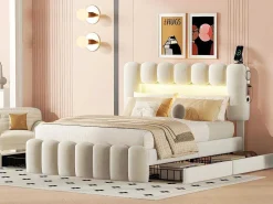 Gestoffeerd Bed 140X200Cm Met 4 Lades - Met Led + Usb Oplaadpoort + Lezer - Beige-ModernLuxe Outlet