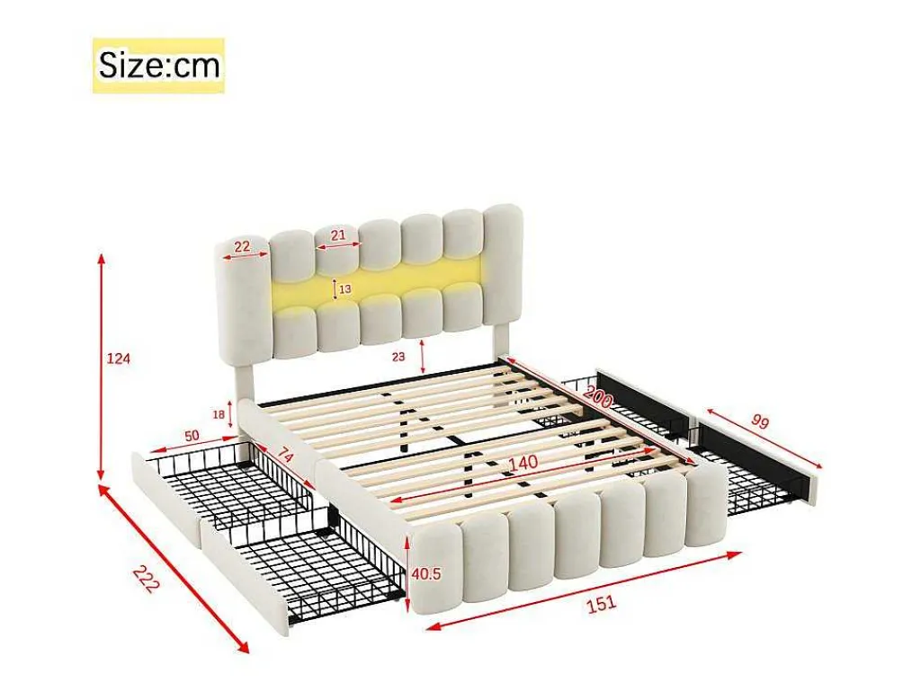 Gestoffeerd Bed 140X200Cm Met 4 Lades - Met Led + Usb Oplaadpoort + Lezer - Beige-ModernLuxe Outlet
