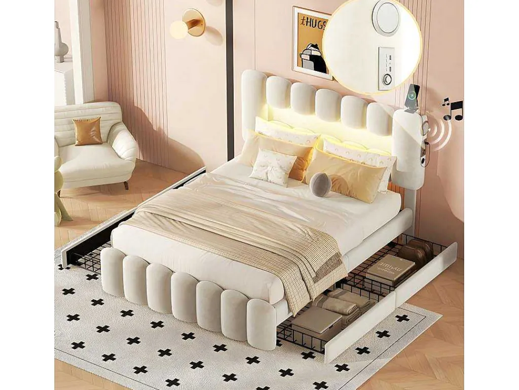 Gestoffeerd Bed 140X200Cm Met 4 Lades - Met Led + Usb Oplaadpoort + Lezer - Beige-ModernLuxe Outlet