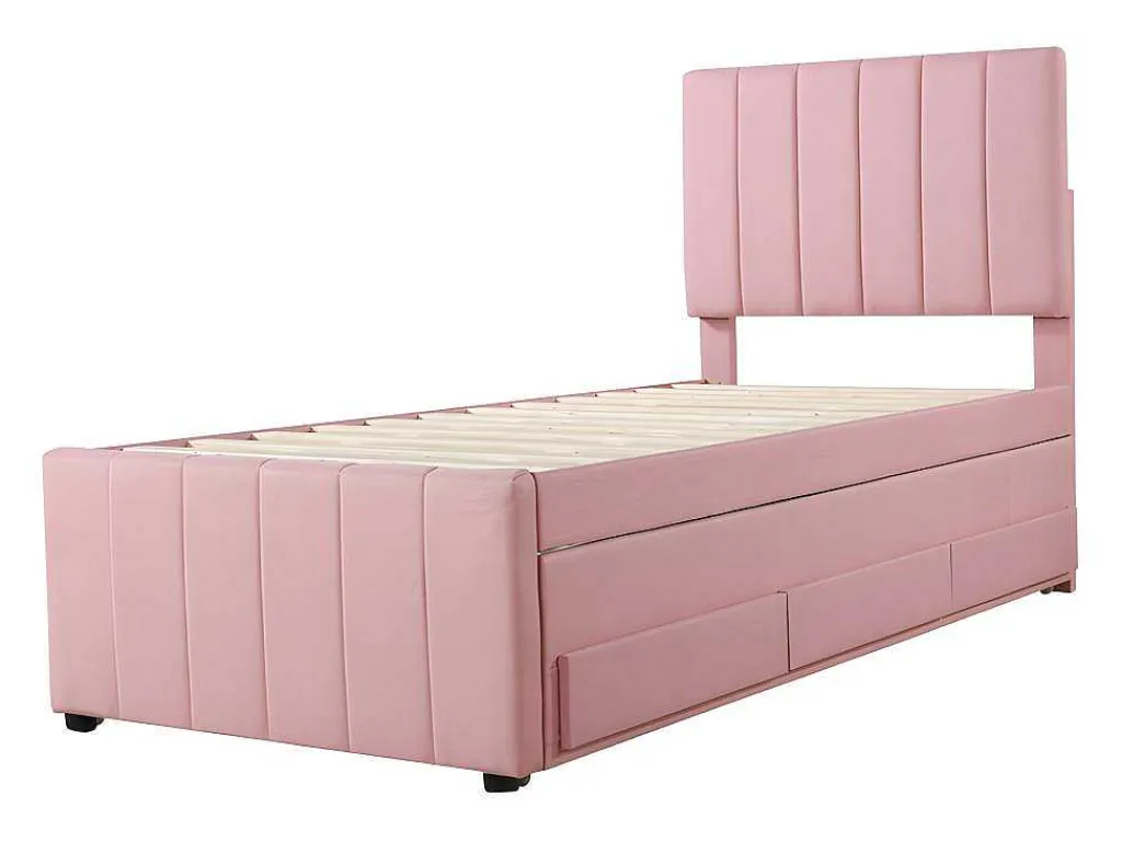 Gestoffeerd Linnen Bed 90X200Cm - Met Onderschuifbed Op Wielen En 3 Lades - Roze-ModernLuxe Clearance