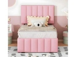 Gestoffeerd Linnen Bed 90X200Cm - Met Onderschuifbed Op Wielen En 3 Lades - Roze-ModernLuxe Clearance
