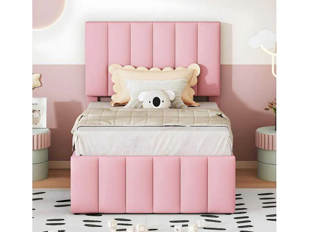 Gestoffeerd Linnen Bed 90X200Cm - Met Onderschuifbed Op Wielen En 3 Lades - Roze-ModernLuxe Clearance