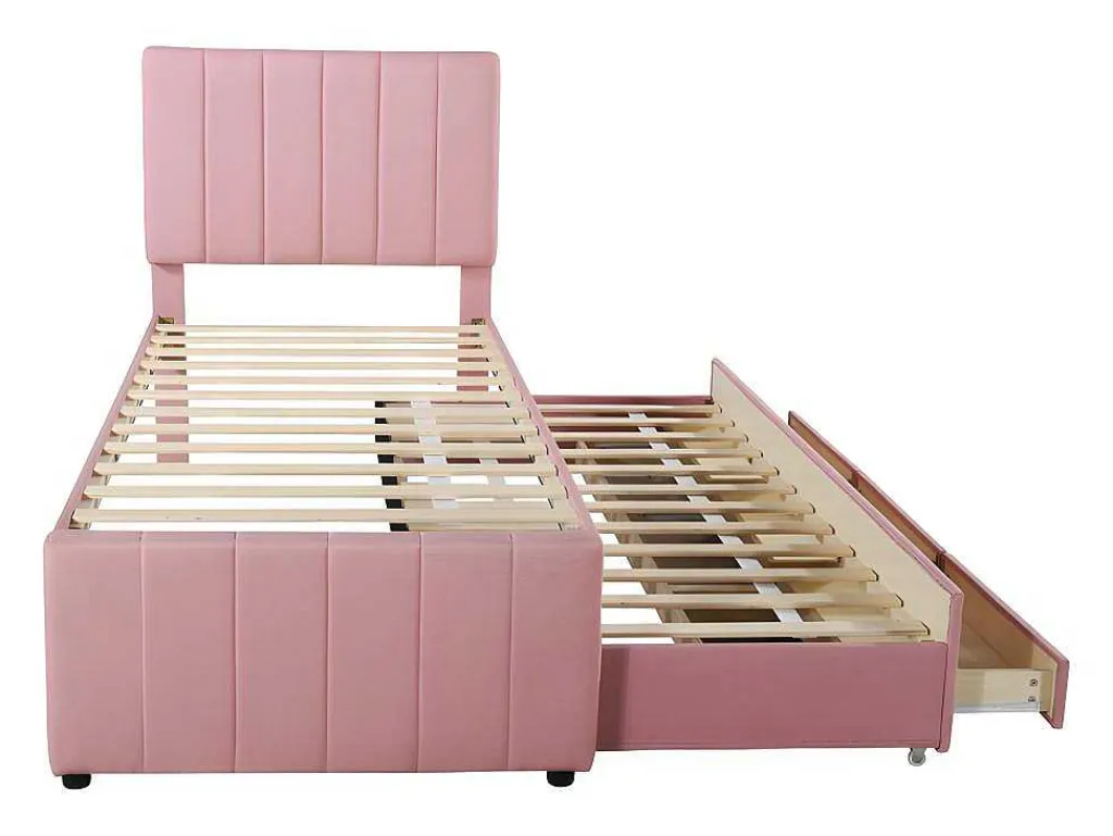 Gestoffeerd Linnen Bed 90X200Cm - Met Onderschuifbed Op Wielen En 3 Lades - Roze-ModernLuxe Clearance