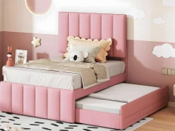 Gestoffeerd Linnen Bed 90X200Cm - Met Onderschuifbed Op Wielen En 3 Lades - Roze-ModernLuxe Clearance