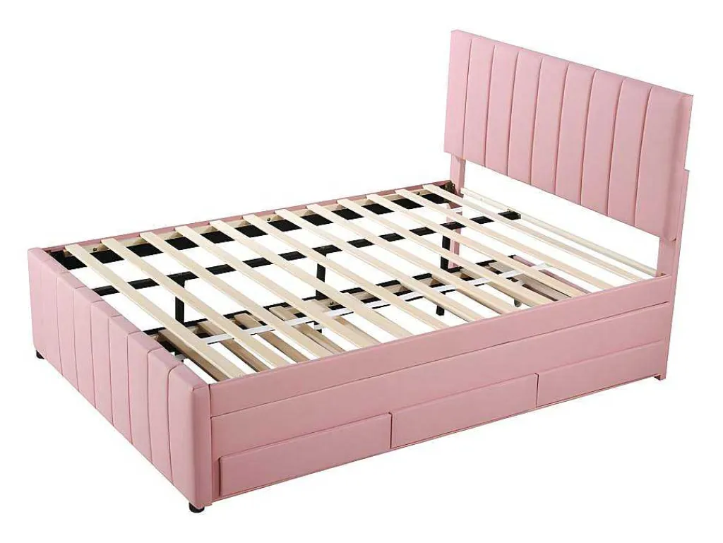 Gestoffeerd Linnen Bed 140X200Cm - Met Onderschuifbed Op Wielen En 3 Lades - Roze-ModernLuxe Clearance